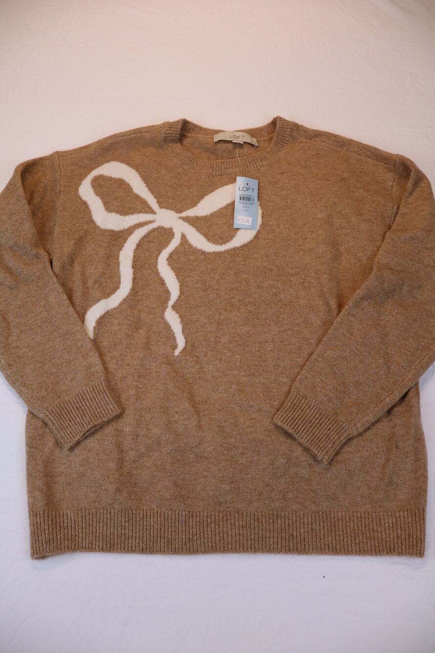 Ann Taylor LOFT Bow Sweater Women's Tan Long Sleeve Knit Crew Neck XXSP